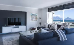 modern minimalist lounge, sea view, window